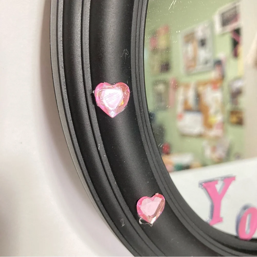Inspirational LOVE YOURSELF Black Round Mirror Pink with Small HEARTS 9.5 inch
